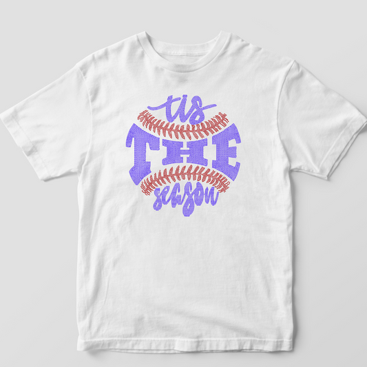 Baseball season dtf transfer on white t shirt