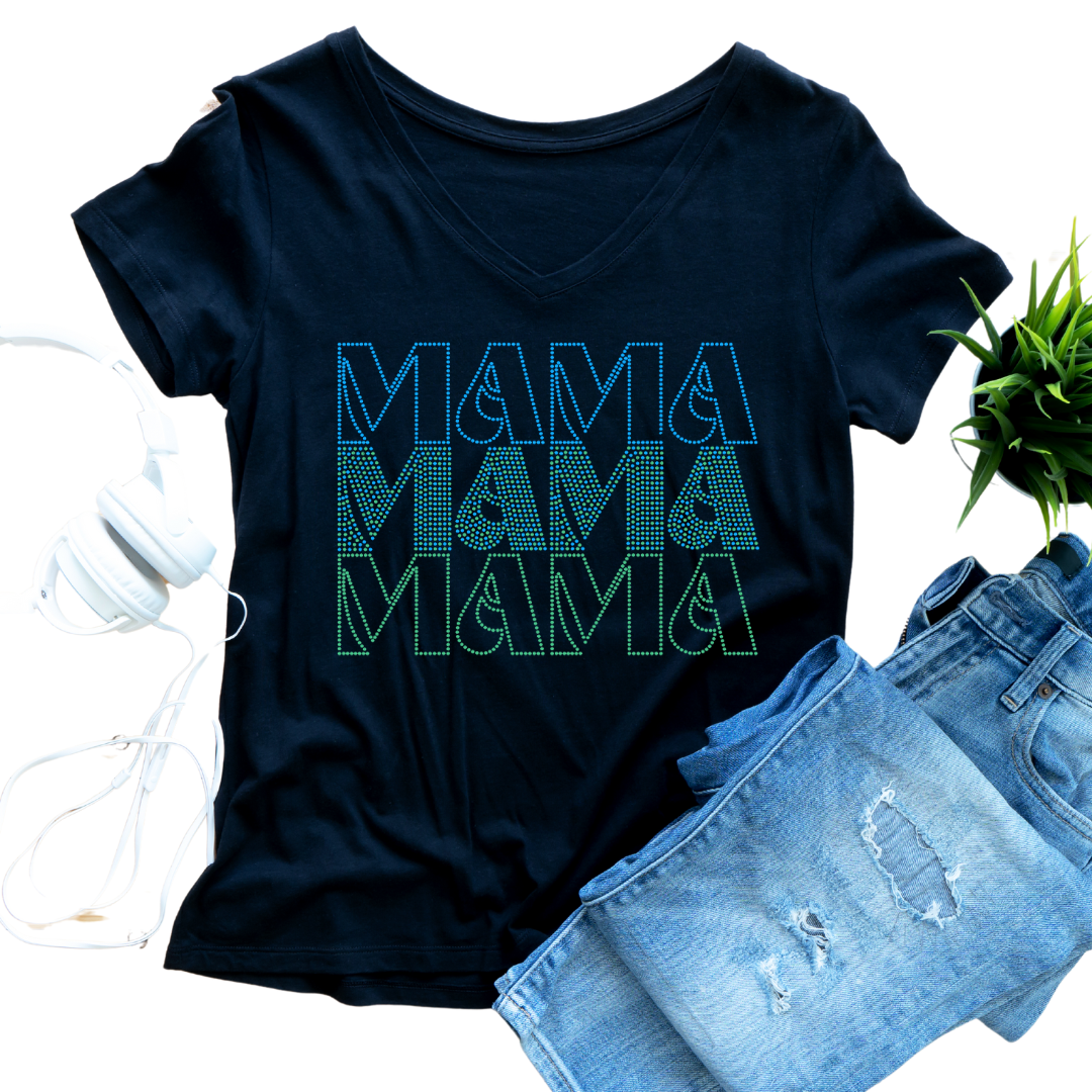 Blue, green mama spangle dtf on v neck