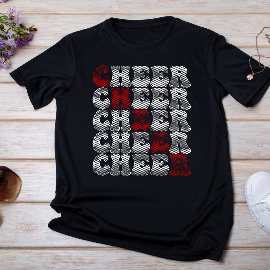 Cheer spangle transfer on crew neck