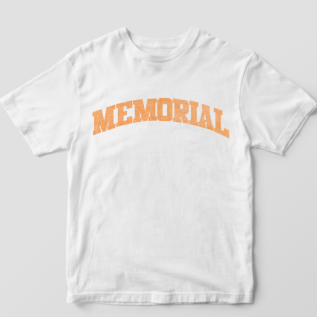 Orange Memorial spangle transfer on white shirt