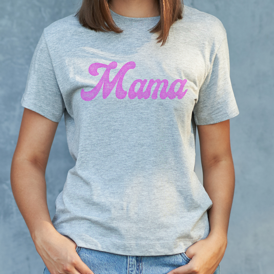 Pink Mama spangle dtf transfer on grey shirt