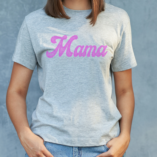 Pink Mama spangle dtf transfer on grey shirt