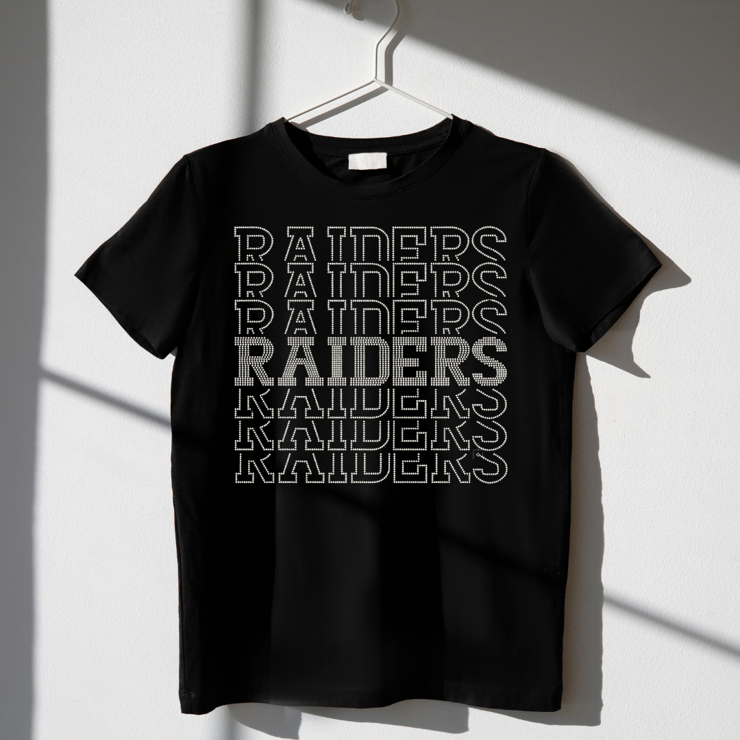 Raiders spangle dtf transfer on black t shirt