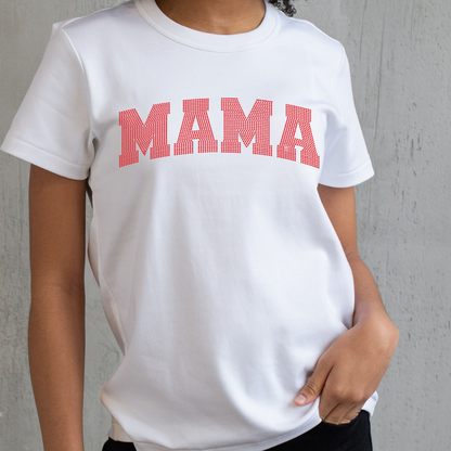 Red mama spangle dtf transfer on white t shirt