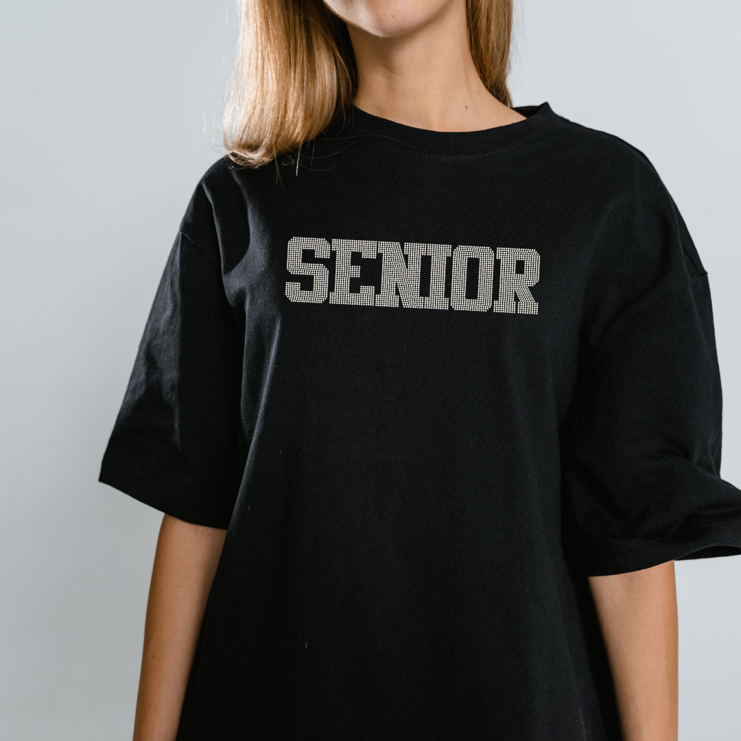 Grey senior spangle dtf transfer on black t shirt