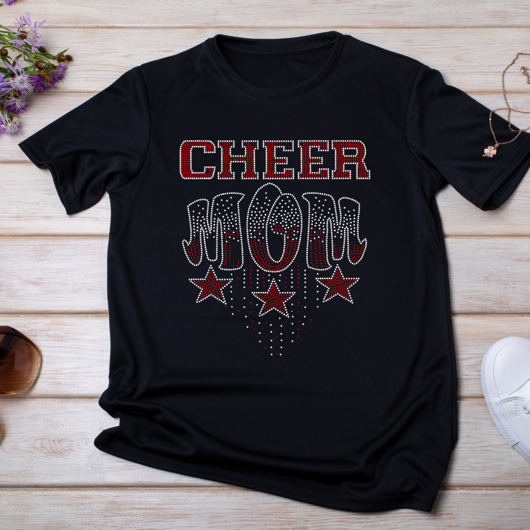 Cheer Mom Spangle transfer on black shirt