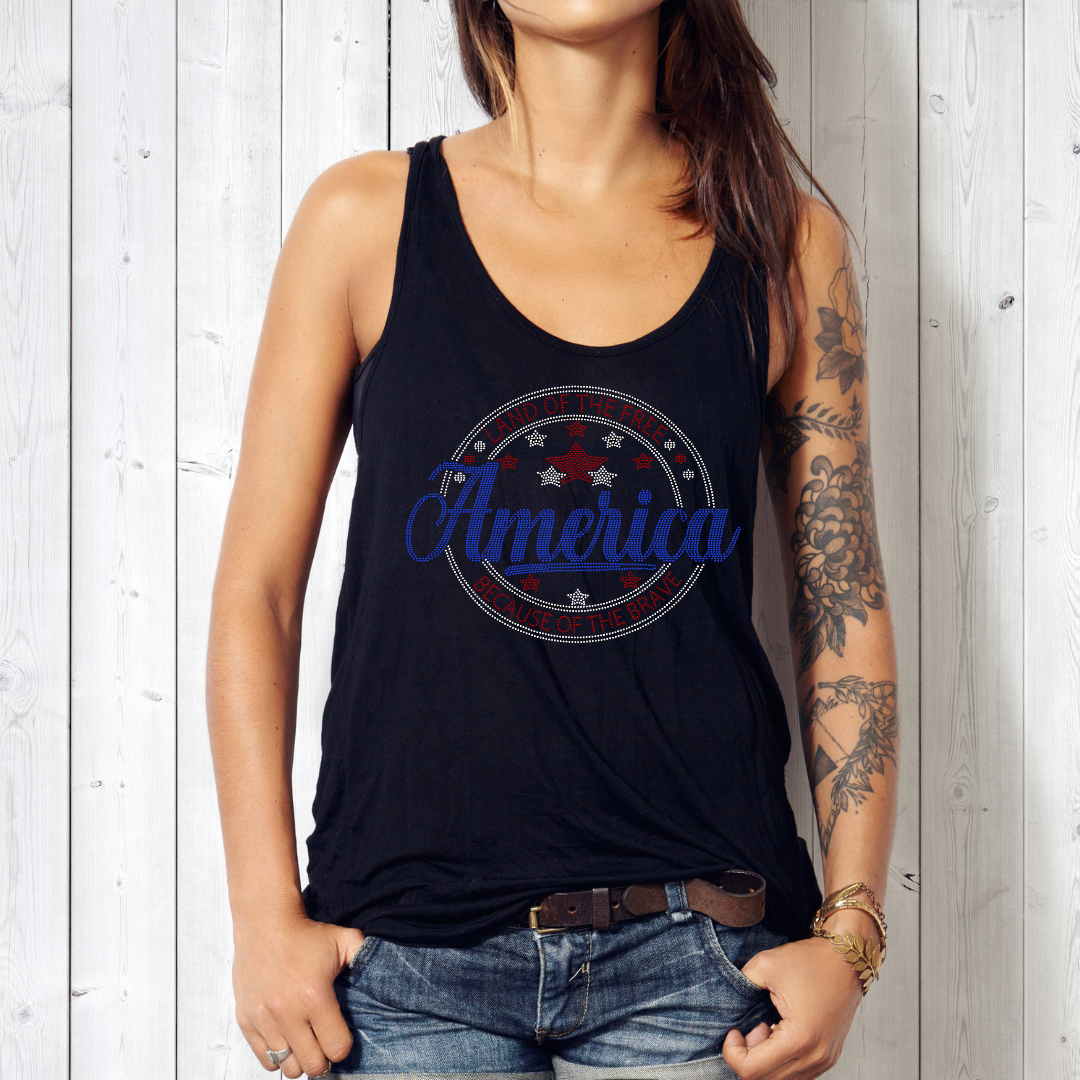 America land of the free spangle transfer on tank top