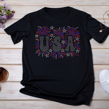 USA fireworks spangle dtf transfer black shirt