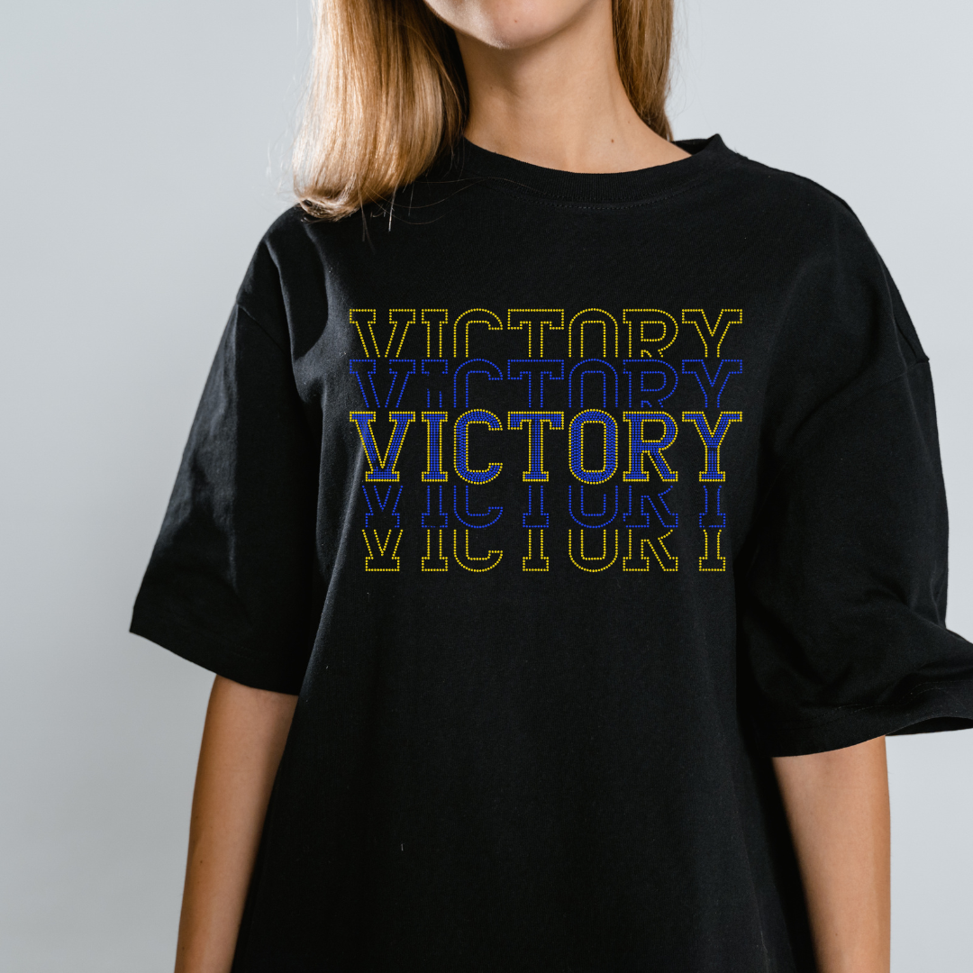 Victory spangle transfers on black shirt